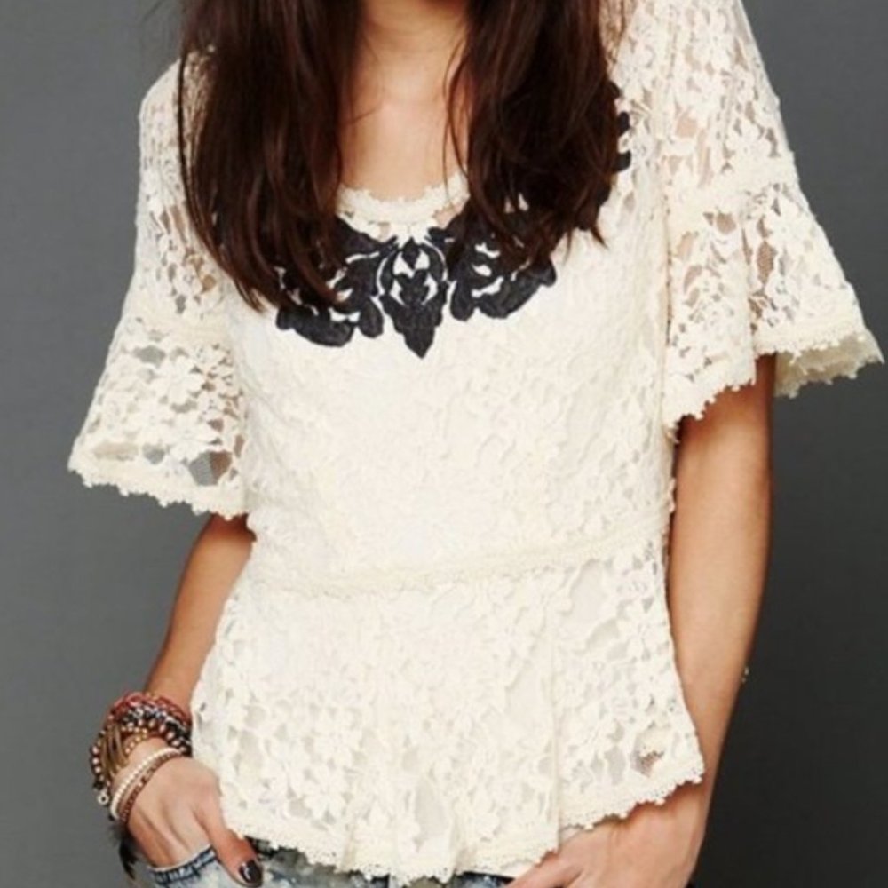 Free People Lace Creme Peplum Blouse Top